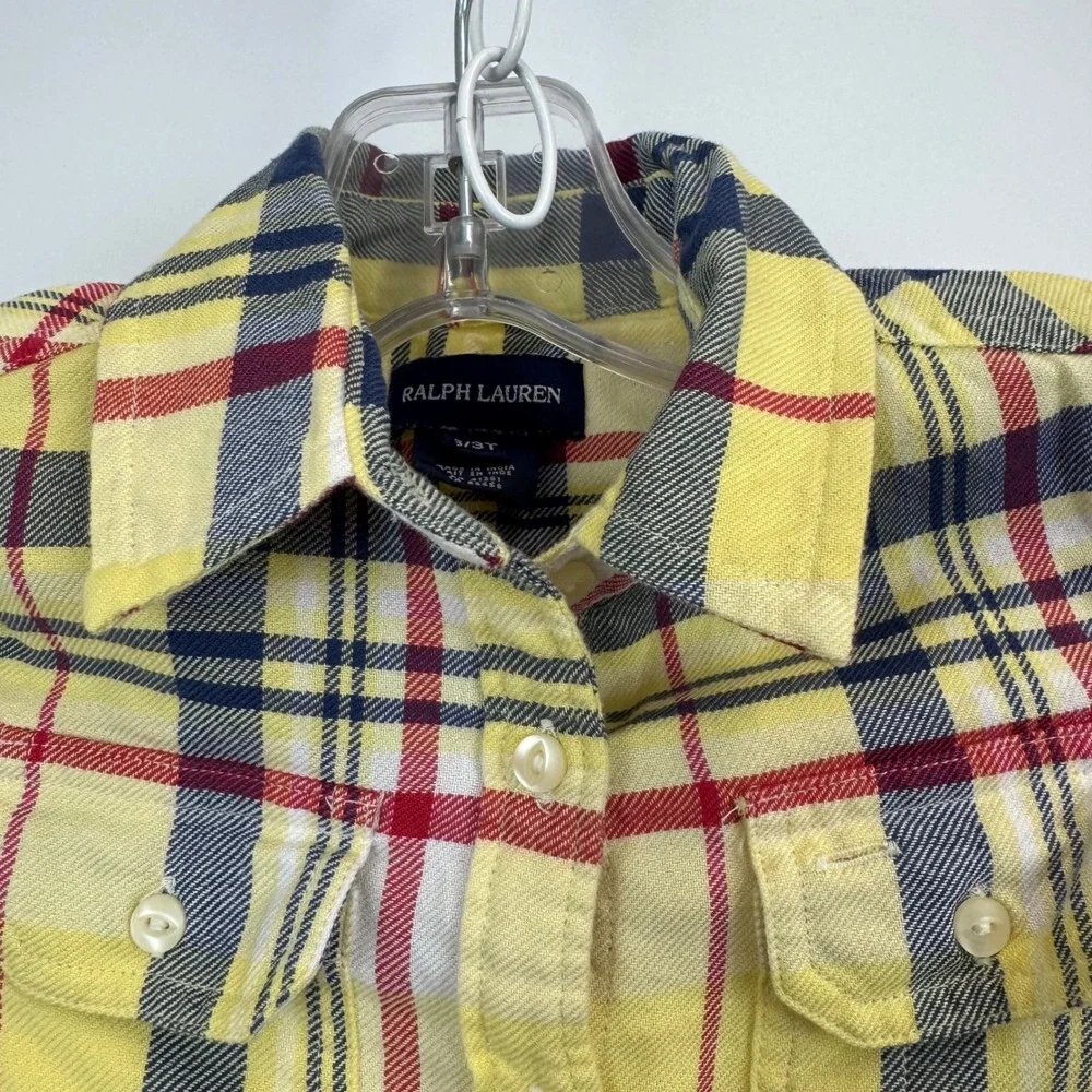 Ralph Lauren Kids Yellow Plaid Button Down Shirt Long Sleeve Cotton‎ 3 3T